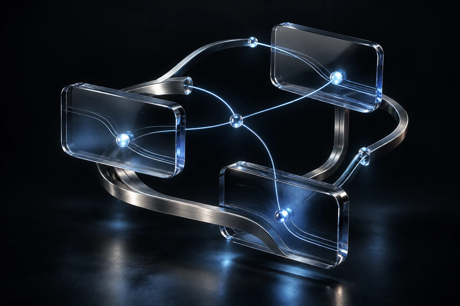 Sculptural glass and titanium connections illuminated by blue payment pathways