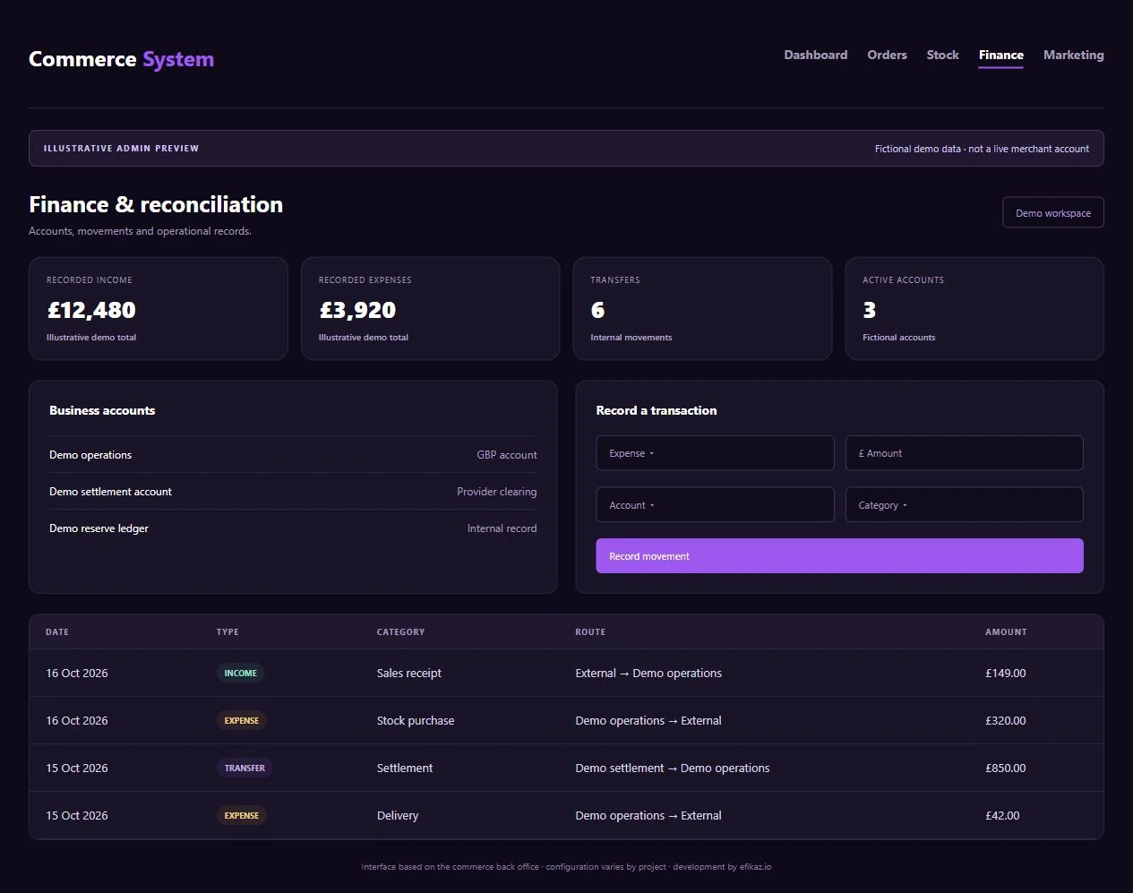 Illustrative finance & reconciliation back-office preview with fictional demo data
