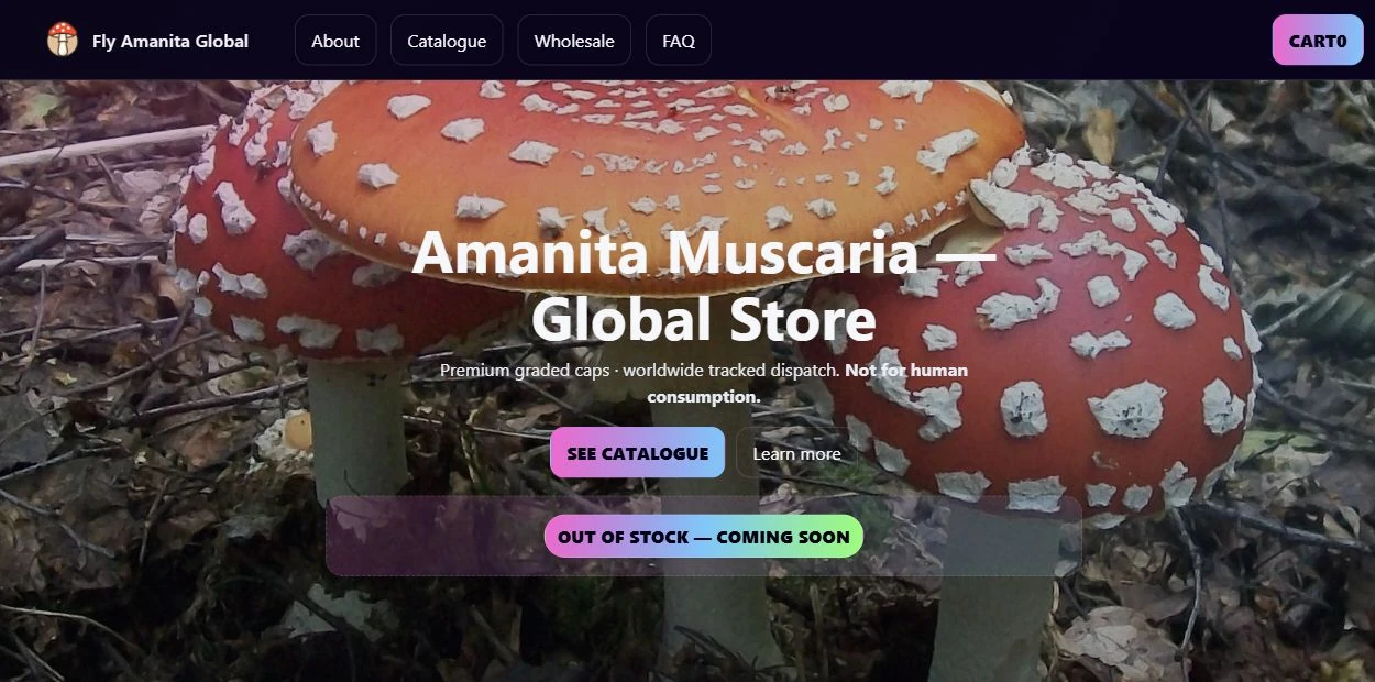 Fly Amanita Global storefront with a mushroom photography hero and catalogue navigation